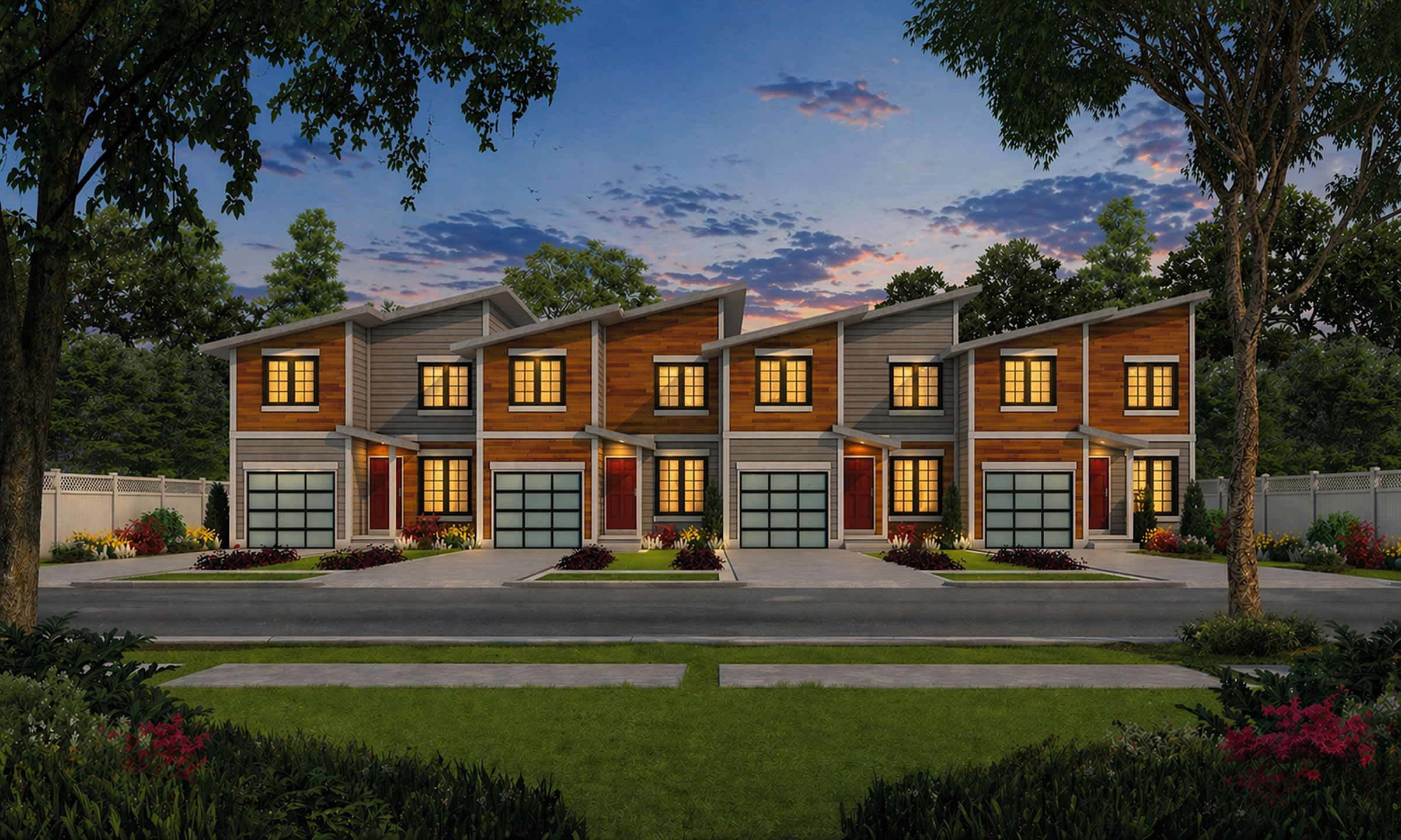 Townhome-style residential investment property at dusk.