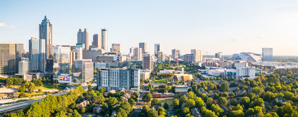 Panorama of the Atlanta, Georgia skyline in the evening sun