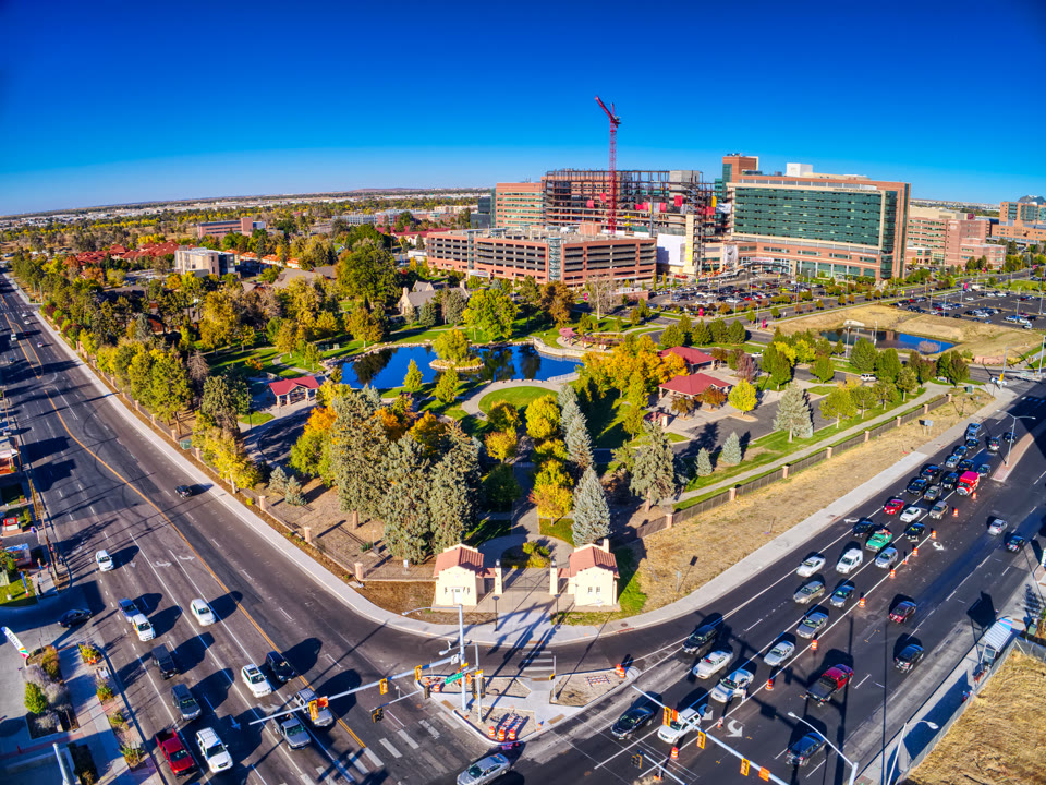 General's Park and the University of Colorado Hospital on the Anschutz Medical Campus in Aurora, Colorado