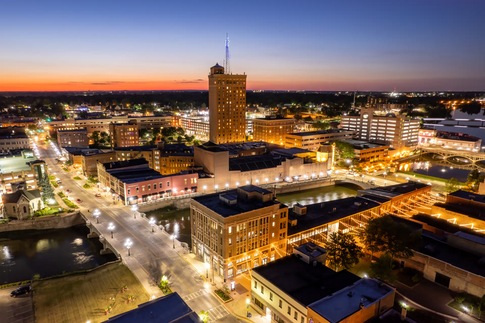Aurora, Illinois skyline and the Fox River at dusk