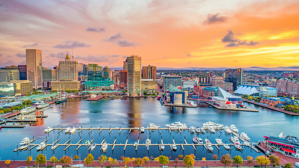 Baltimore's Inner Harbor skyline at sunset