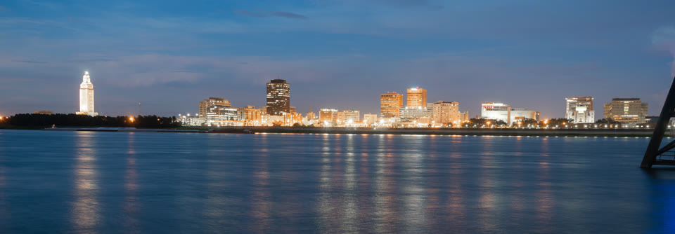 The Mississippi River waterfront and Louisiana State Capitol at Baton Rouge