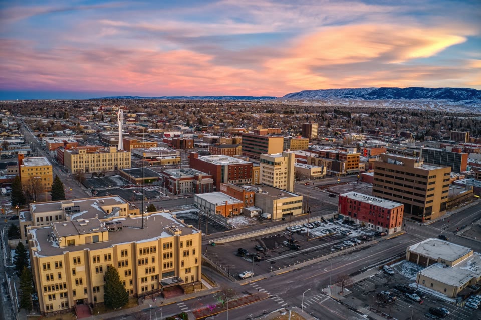Aerial view of downtown Casper, Wyoming at dusk