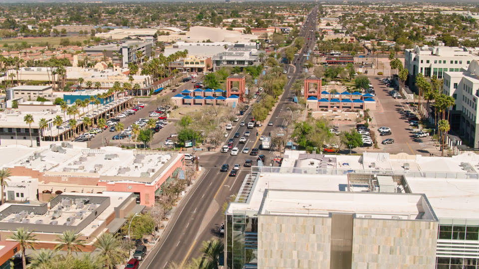Aerial view of downtown Chandler, Arizona, looking north along Arizona Avenue toward Dr. A.J. Chandler Park