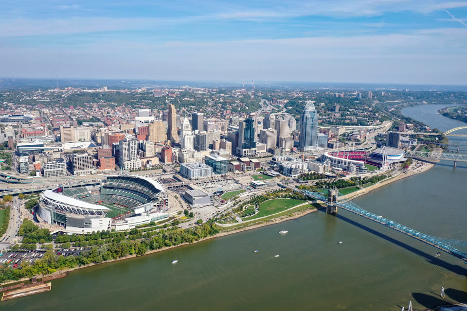 Aerial view of Cincinnati, Ohio and the Ohio River