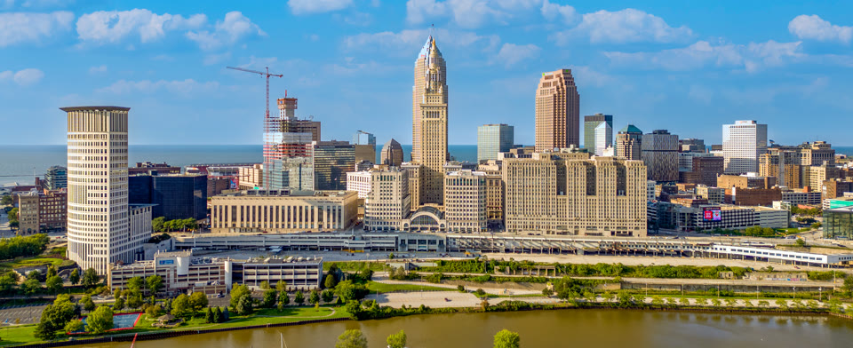 Cleveland, Ohio's Terminal Tower and downtown skyline along Lake Erie