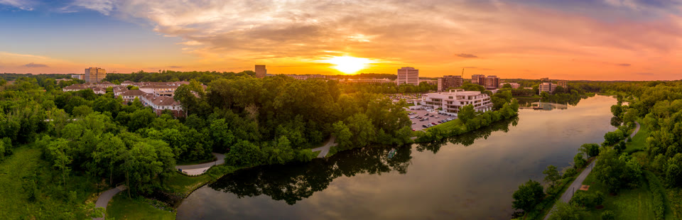 Aerial sunset panorama of Columbia Town Center in Maryland with office buildings and the Columbia Mall