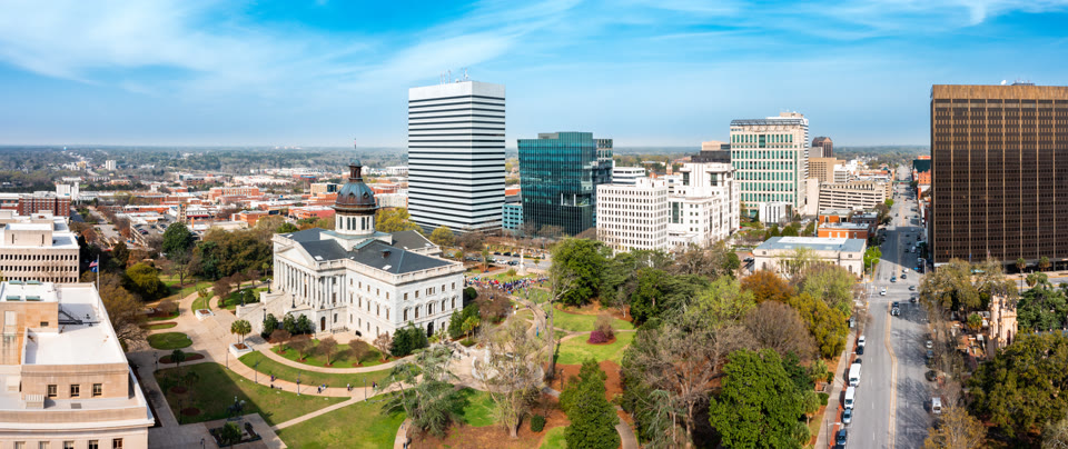 The South Carolina Statehouse dome and downtown Columbia skyline