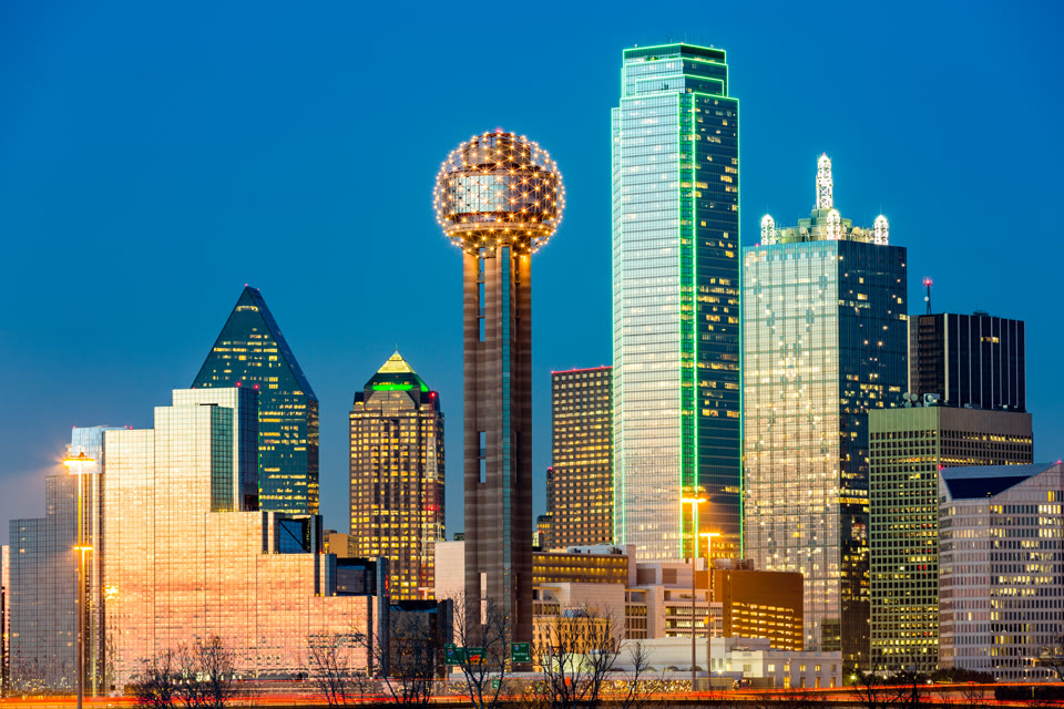 Dallas skyline at sunset with the Reunion Tower geodesic dome