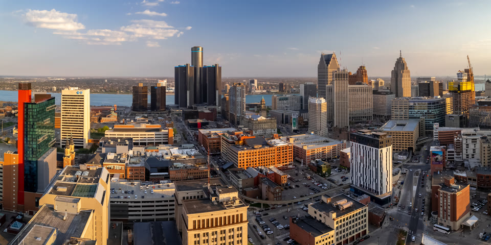 Downtown Detroit, Michigan at golden hour with the GM Renaissance Center