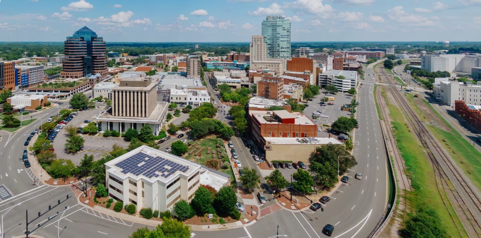 Downtown Durham, North Carolina's Warehouse District with the rail corridor running through it