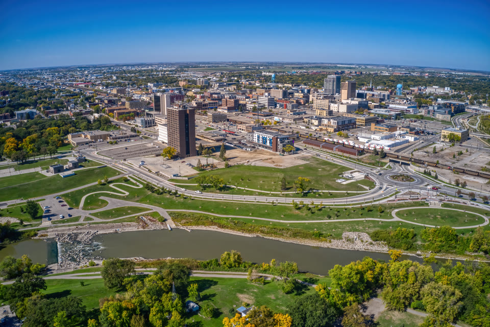 Aerial view of Fargo, North Dakota and the Red River in early autumn