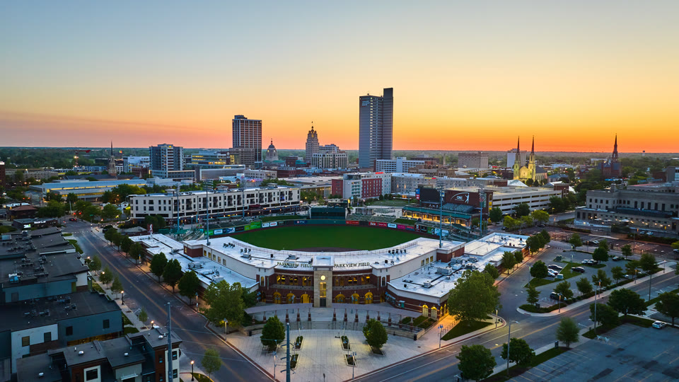 Aerial view of Parkview Field baseball diamond in downtown Fort Wayne, Indiana at sunrise
