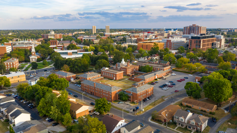 Clear bright late summer day aerial view of Lexington, Kentucky