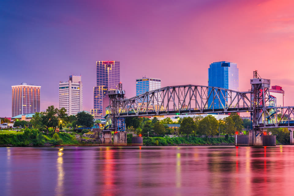The Junction Bridge over the Arkansas River in downtown Little Rock at twilight