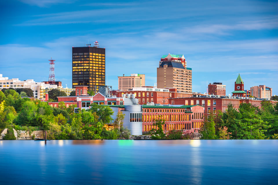 Manchester, New Hampshire skyline on the Merrimack River