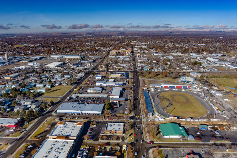 Aerial view of Meridian, Idaho with the speedway and city