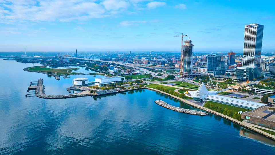 The Milwaukee Art Museum's Quadracci Pavilion on the Lake Michigan waterfront, with downtown Milwaukee behind it