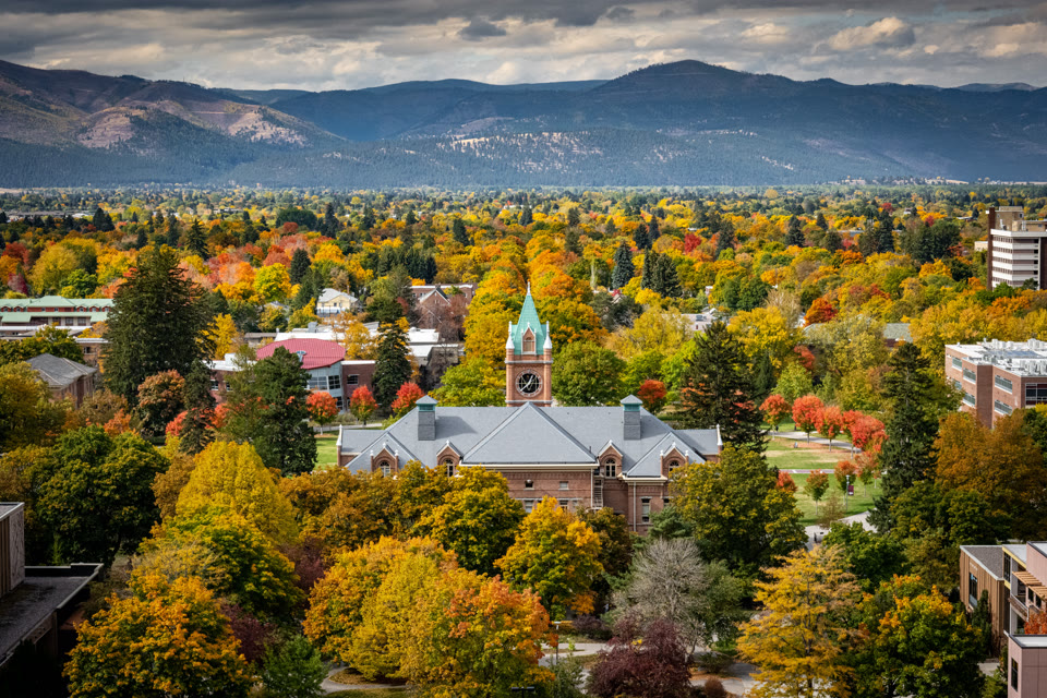 View of the University of Montana bell tower from Mount Sentinel in Missoula