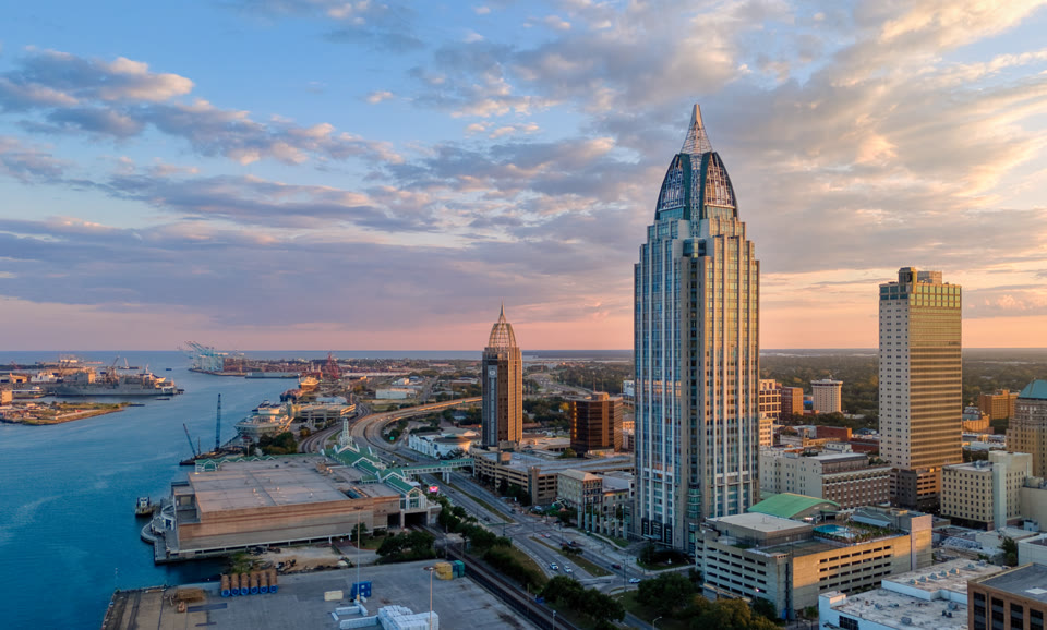 Downtown Mobile, Alabama skyline at sunset