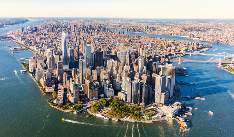Aerial view of lower Manhattan and New York Harbor
