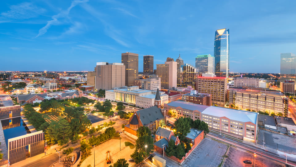 The Devon Energy Center tower above downtown Oklahoma City at dusk