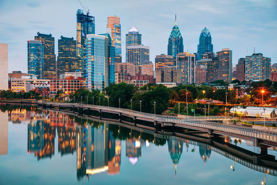 Philadelphia skyline at night along the Schuylkill River