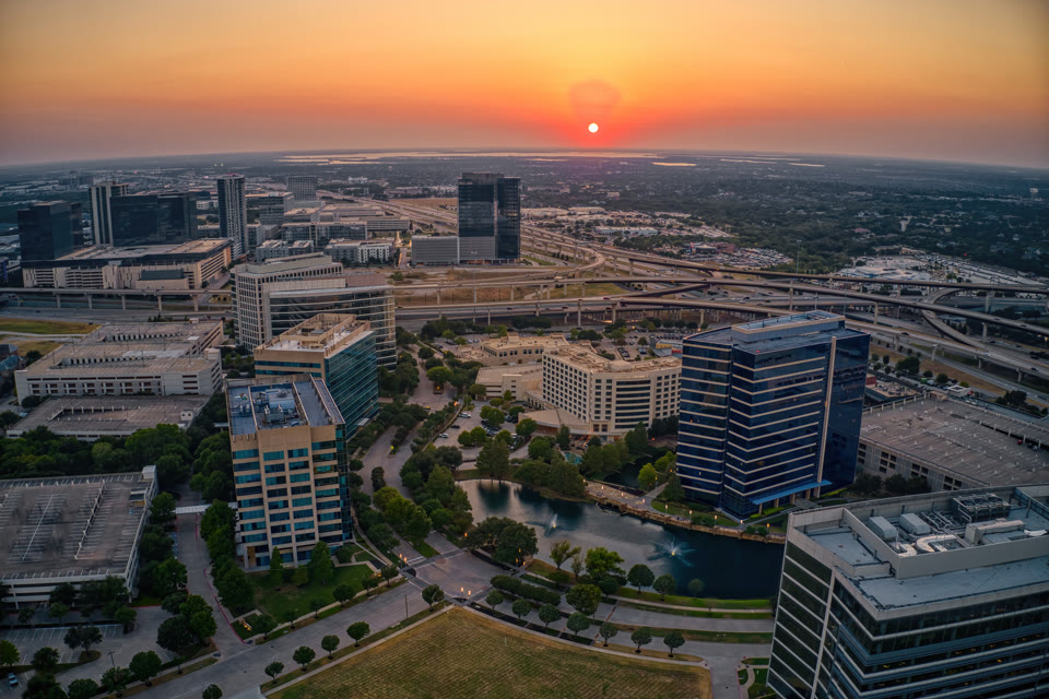 Aerial view of the Plano, Texas business district at summer sunset