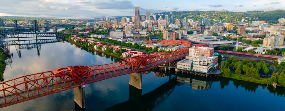 Downtown Portland, Oregon and its Willamette River bridges viewed from above