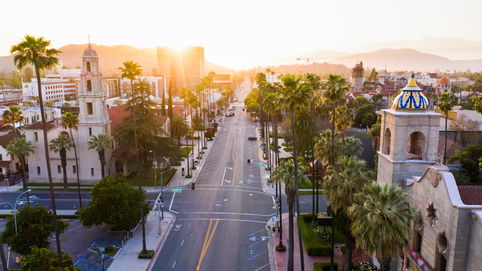 Aerial sunset view of downtown Riverside, California