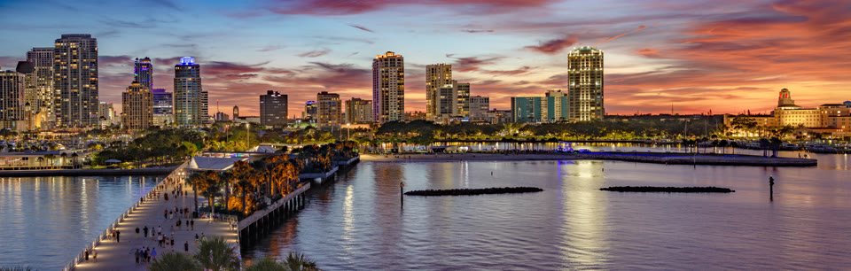 Panoramic sunset view of downtown St. Petersburg, Florida from the Pier
