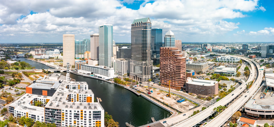 Aerial panorama of the Tampa, Florida skyline on the Gulf Coast