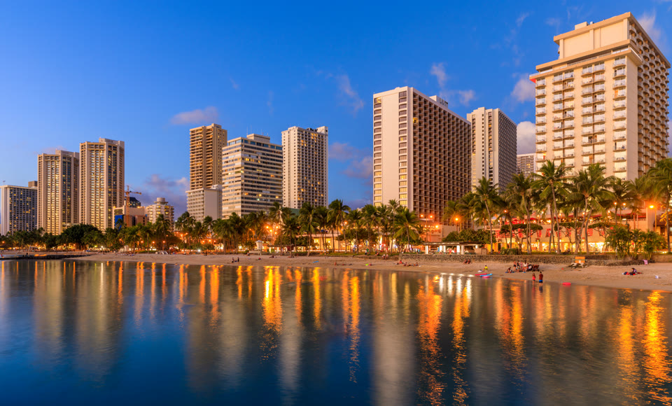 Waikiki Beach at sunset in Honolulu, Oahu