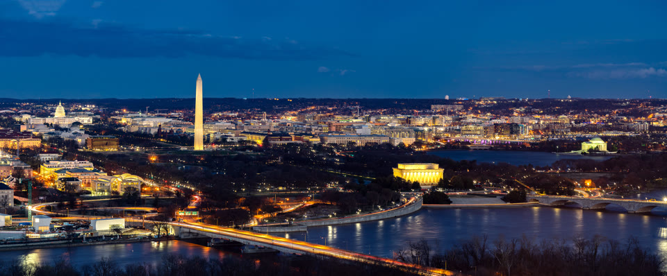 Washington, DC aerial panorama at dusk with the Capitol, Washington Monument, and Lincoln Memorial
