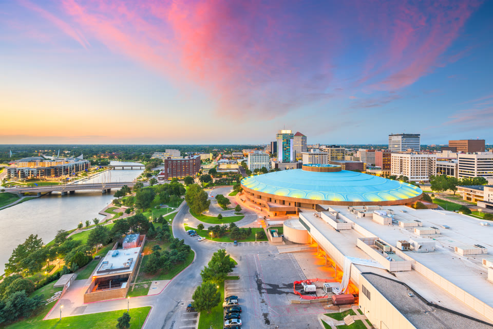 Wichita's Century II Performing Arts Center and downtown skyline at sunset